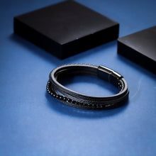 画像をギャラリービューアに読み込む, MBSS26 STAINLESS STEEL BRACELET WITH LEATHER AND ONYX AAB CO..