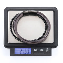 画像をギャラリービューアに読み込む, MBSS26 STAINLESS STEEL BRACELET WITH LEATHER AND ONYX AAB CO..