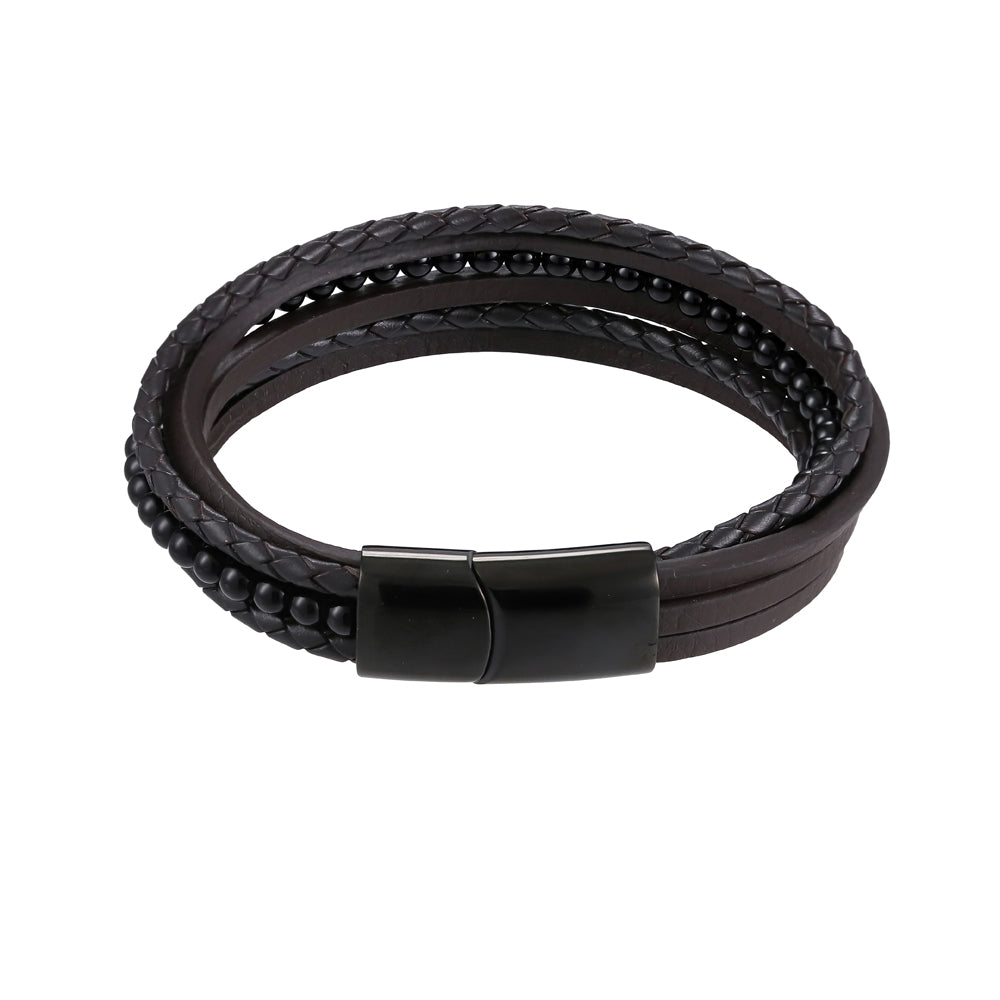 MBSS26 STAINLESS STEEL BRACELET WITH LEATHER AND ONYX AAB CO..