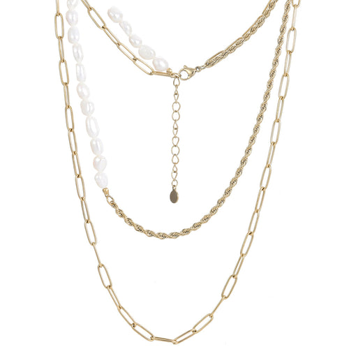 MNSS24 STAINLESS STEEL MULTI CHAIN NECKLACE WITH PEARL AAB CO..